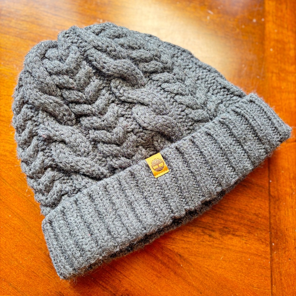 Timberland Mens Gray Cable Knit Fleece Lined Beanie Hat OS cozy winter toboggan